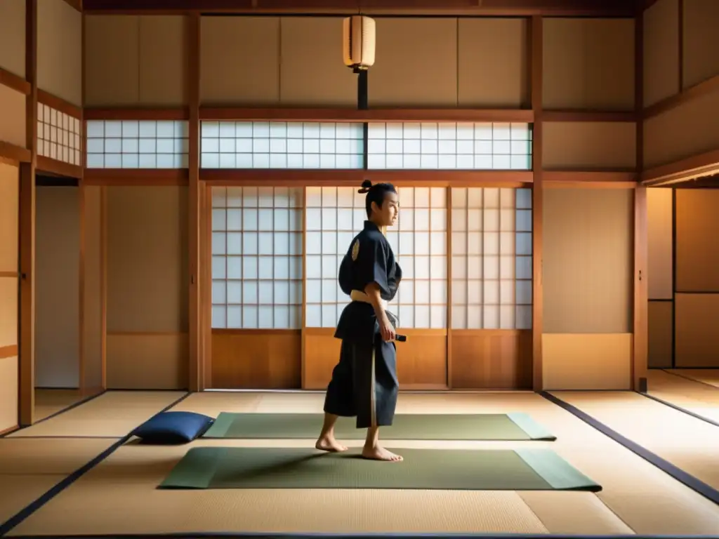 Retiro espiritual samurái: práctica de artes marciales en un dojo tradicional japonés, rodeado de serenidad y belleza natural