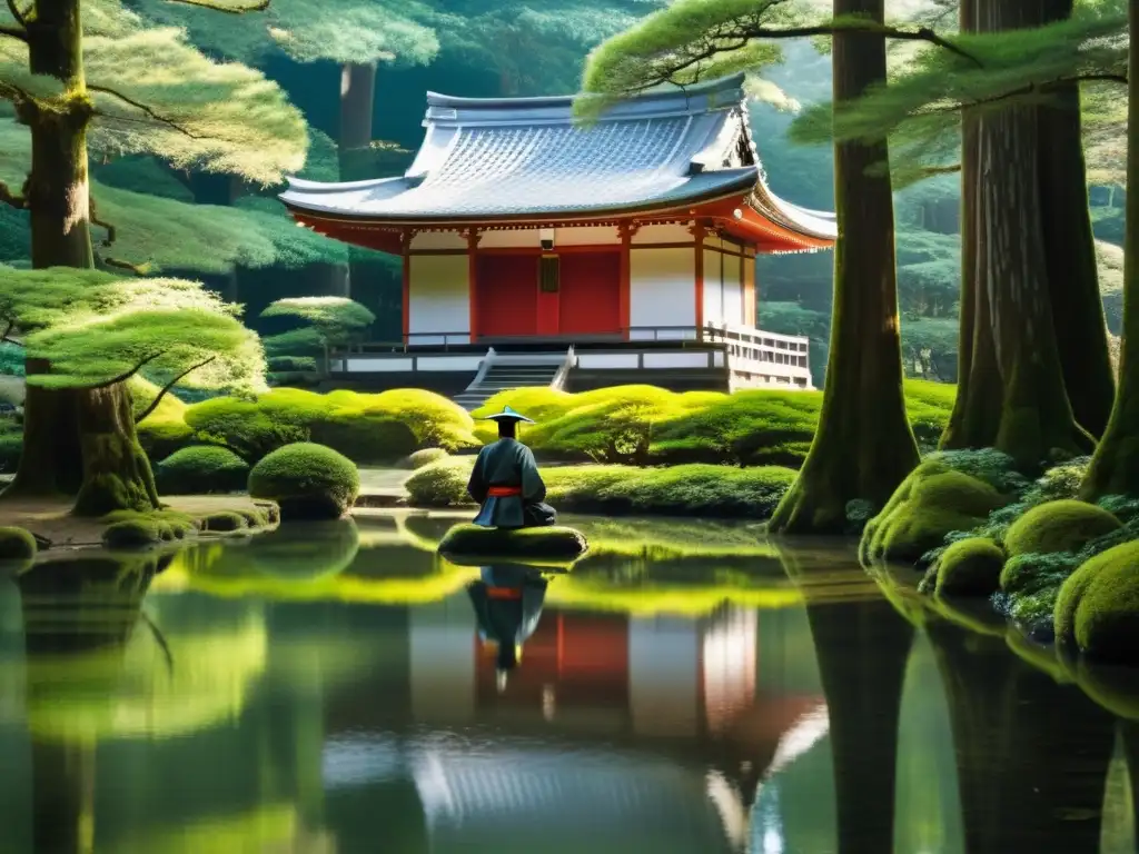 Retiros de silencio inspirados samurái: Antiguo templo japonés en bosque sereno, samurái meditando junto a estanque