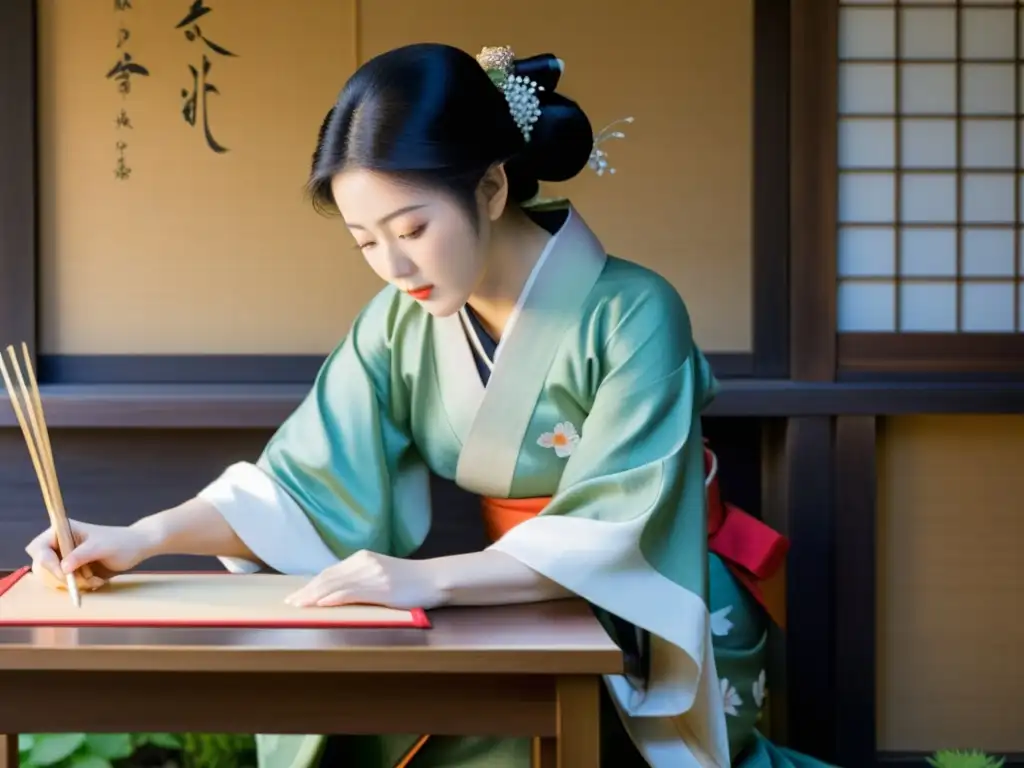 Retrato de Murasaki Shikibu, autora de 'The Tale of Genji', en su escritorio en Japón, evocando la era samurái y mujeres escritoras