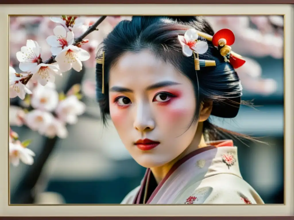 Retrato desgastado de Nakano Takeko, valiente onnabugeisha en la guerra Boshin, rodeada de flores de cerezo y un campo de batalla neblinoso