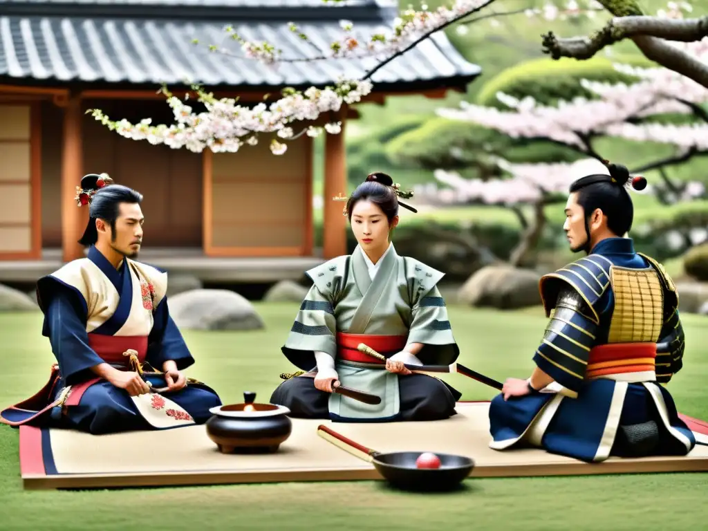 Un retrato detallado de una ceremonia del té japonesa realizada por samuráis en un jardín sereno con árboles de cerezo en flor