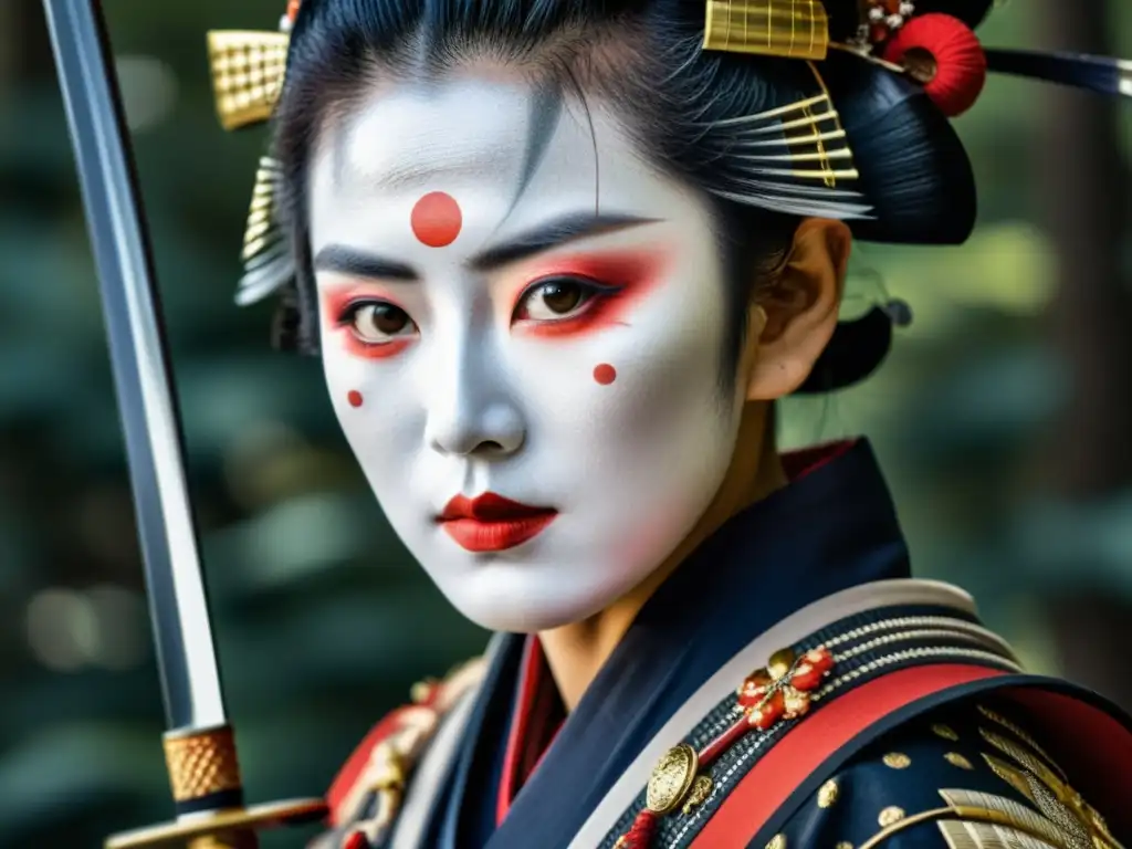 Retrato detallado de una onnabugeisha samurái con armadura y katana, simbolizando el rol de la mujer samurái en el Japón antiguo