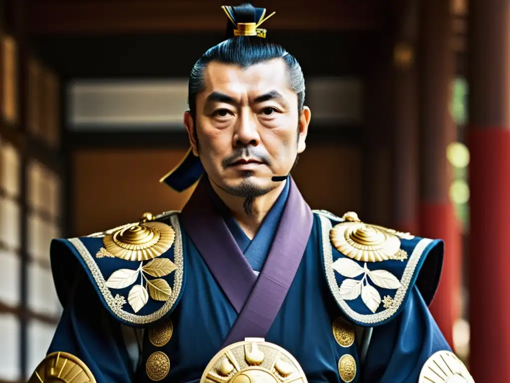 Retrato documental de Tokugawa Ieyasu, el poderoso shogun que unificó Japón, con atuendo majestuoso y expresión serena