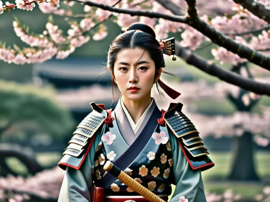 Retrato de la legendaria samurái Hojo Masako, con armadura tradicional y katana, rodeada de cerezos en flor