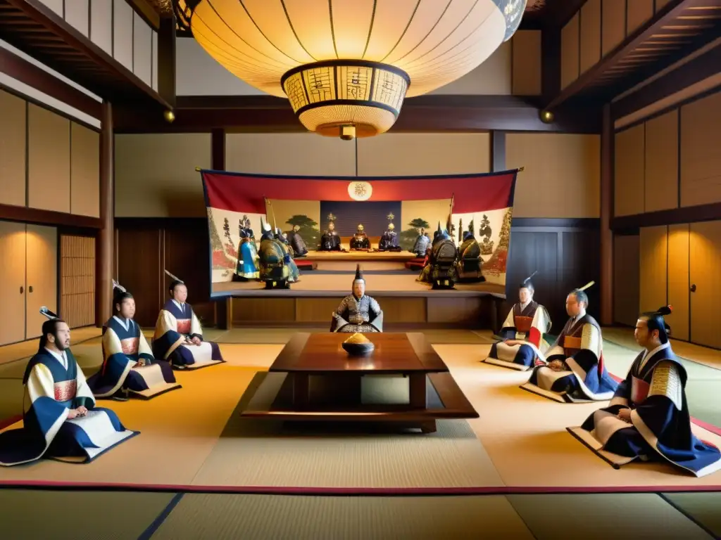 Reunión del consejo de señores feudales en Japón, con atmósfera solemne y rica en tradición