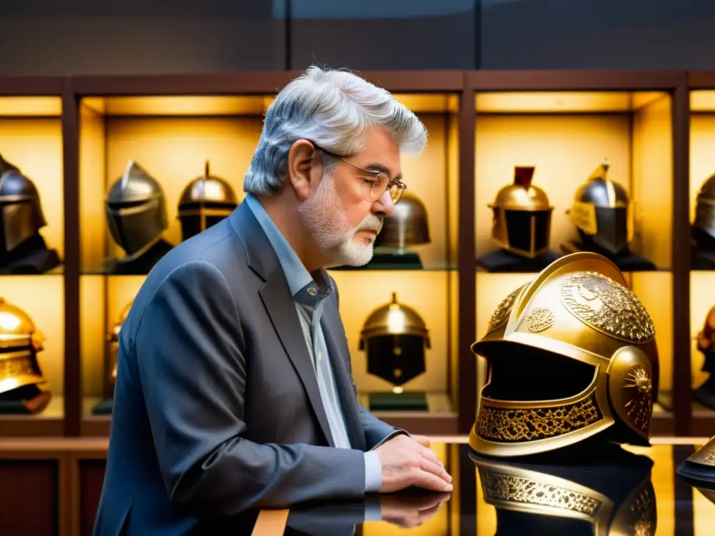 George Lucas estudia con reverencia la influencia samurái en Star Wars, rodeado de armaduras y armas antiguas en una atmósfera de museo iluminada