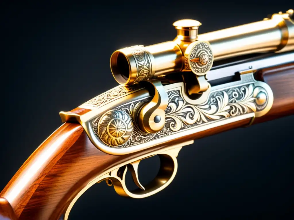 Un rifle matchlock táctico samurái de intrincado diseño, resaltando su artesanía en un ambiente oscuro y evocador