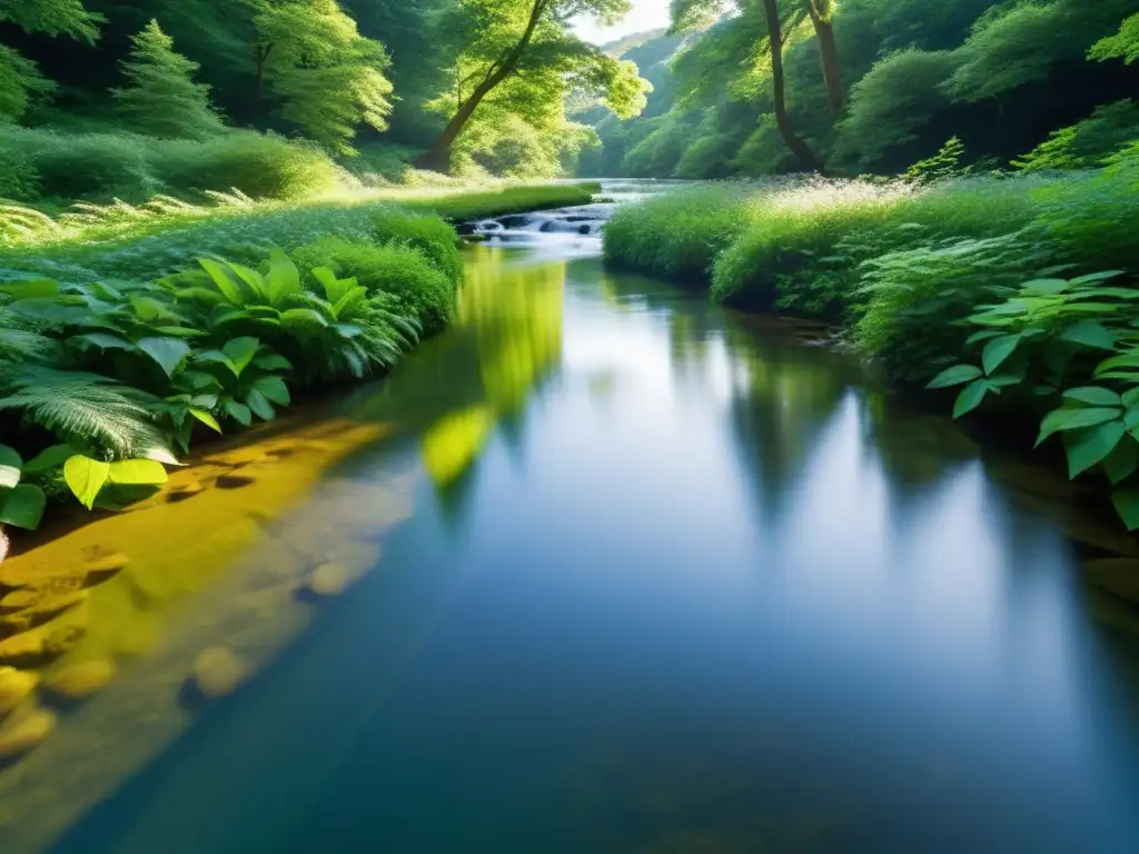 Un río tranquilo fluyendo a través de un exuberante bosque, reflejando la vibrante vegetación