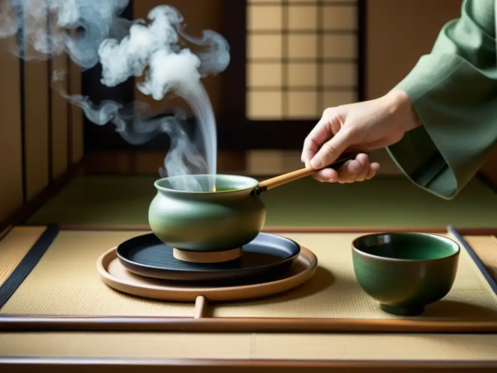 Ritual del té samurái contemporáneo: Maestro de té vertiendo con precisión y gracia en una ceremonia japonesa, rodeado de elegancia minimalista