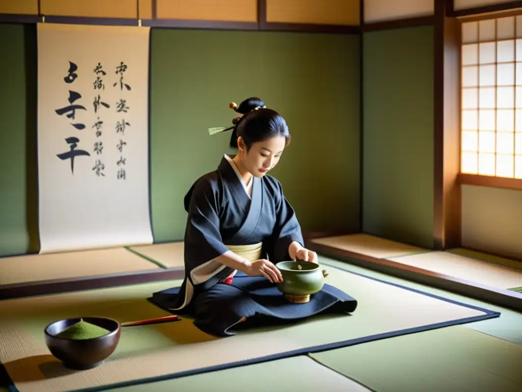 Un ritual de té japonés en una austera sala tatami, con un maestro del té vistiendo kimono preparando matcha para samuráis