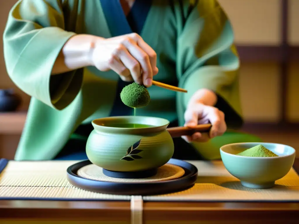 Ritual japonés del té, con maestro preparando matcha