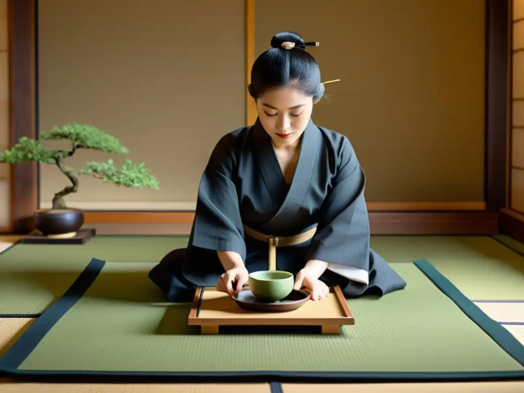 Un ritual de té japonés en una sala serena con ambiente samurái