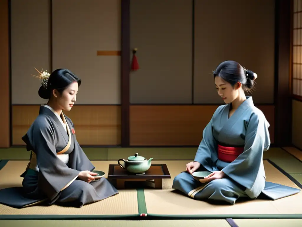 Un ritual de té japonés, con un samurái y su esposa en una habitación tenue