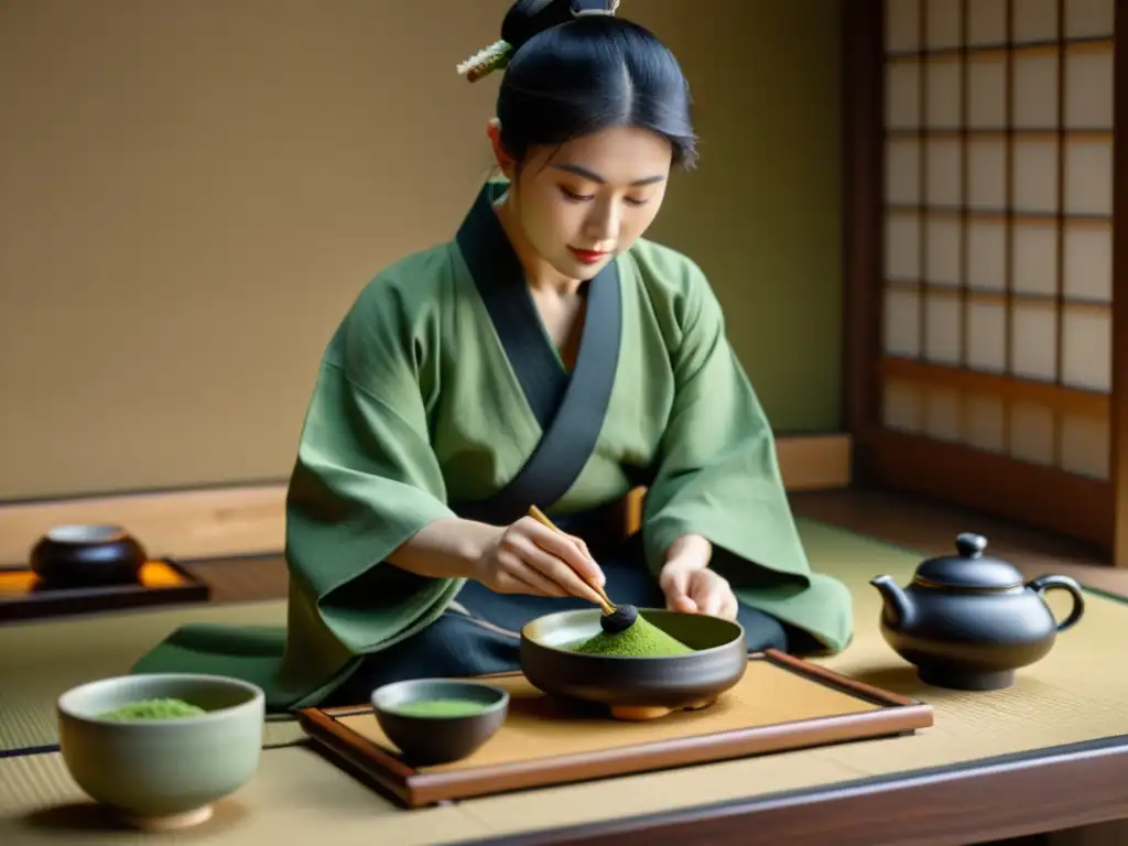 Un ritual japonés del té con un samurái preparando matcha en una atmósfera serena y elegante