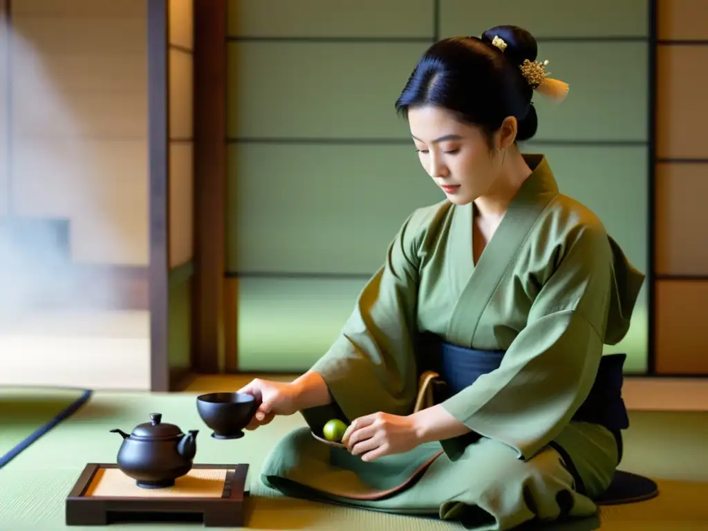 Un ritual del té japonés tradicional en una sala serena, con un enfoque cercano en el maestro del té preparando y sirviendo matcha a samuráis