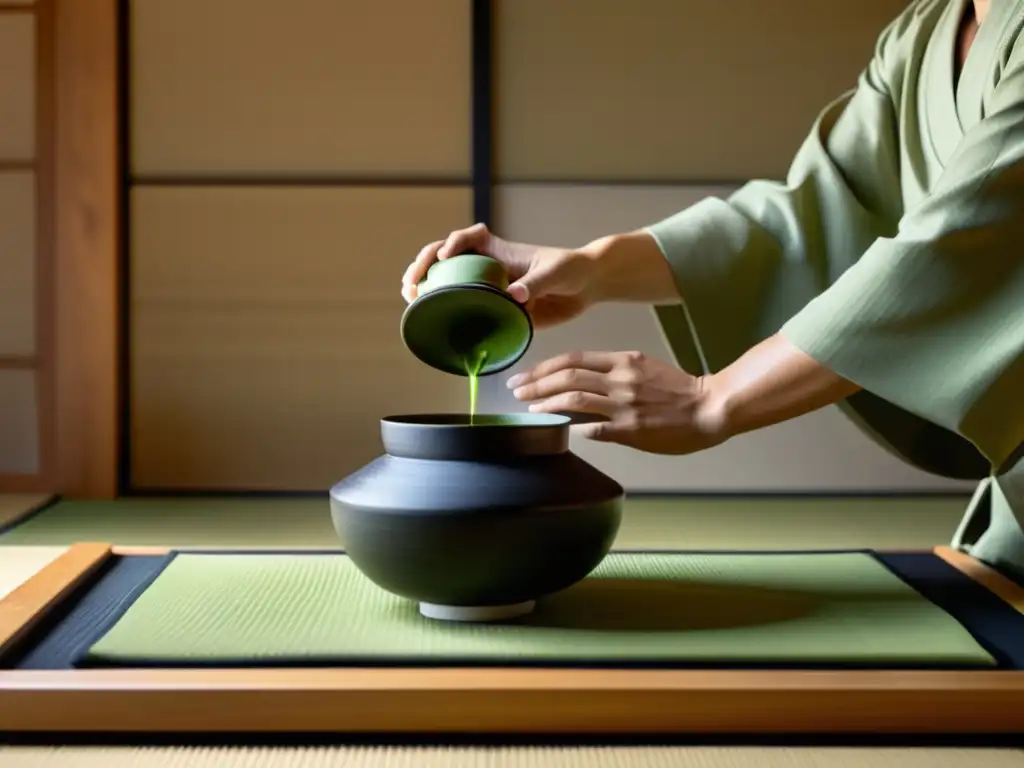 Ritual del té samurái mindfulness: Ceremonia japonesa del té con maestro preparando matcha en un ambiente sereno y auténtico