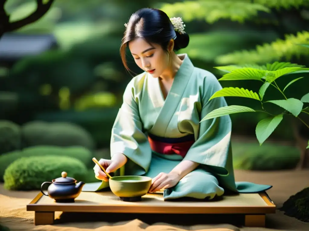 Ritual del té samurái mindfulness: ceremonia japonesa del té en jardín sereno, maestro preparando matcha con precisión