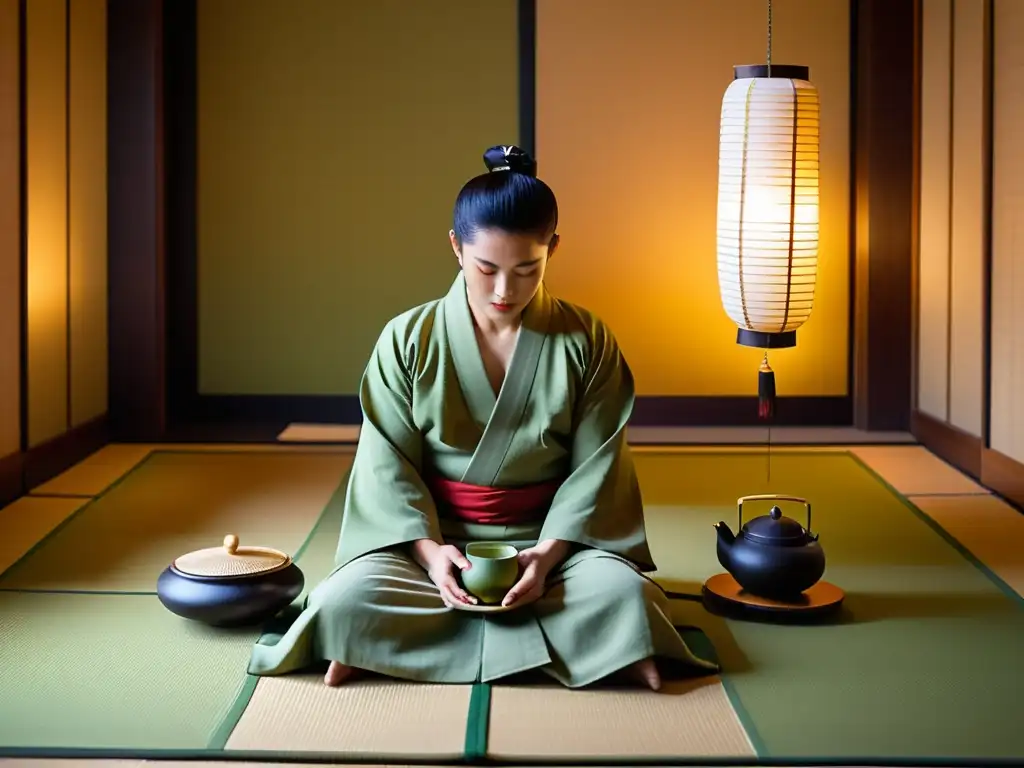 Ritual del té samurái contemporáneo: Ceremonia japonesa en tatami con maestro samurái, decoración elegante y atmósfera serena