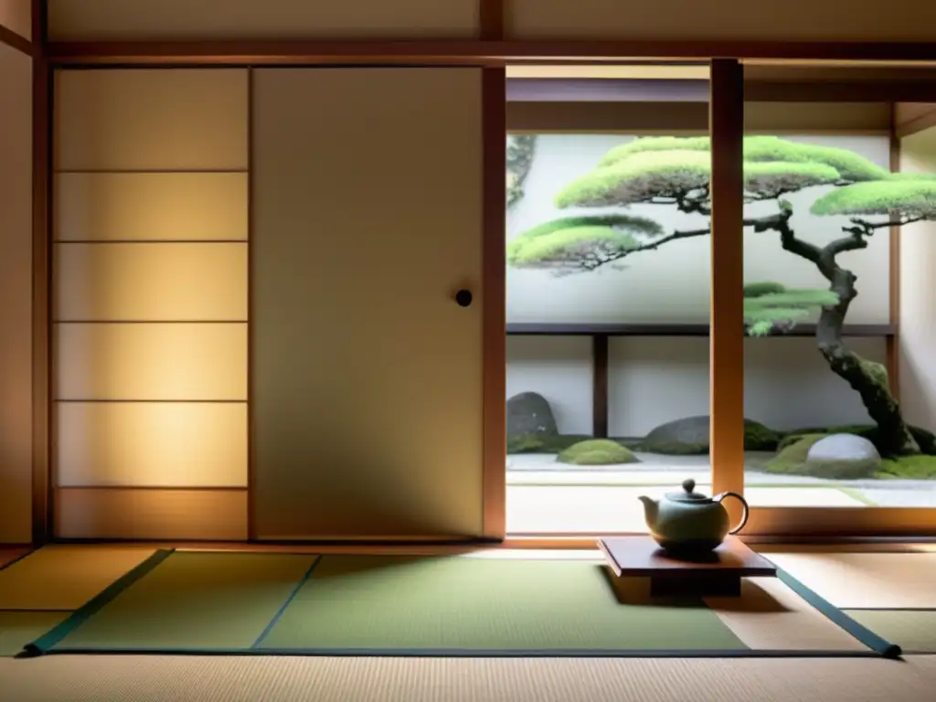 Ritual del té samurái contemporáneo: Estancia japonesa serena con tatamis, puertas shoji, maestro del té en kimono, y luz suave