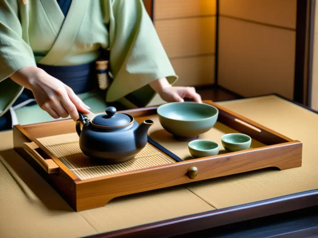 Un ritual del té samurái contemporáneo: atmósfera serena, kimono, tatami, utensilios y matcha