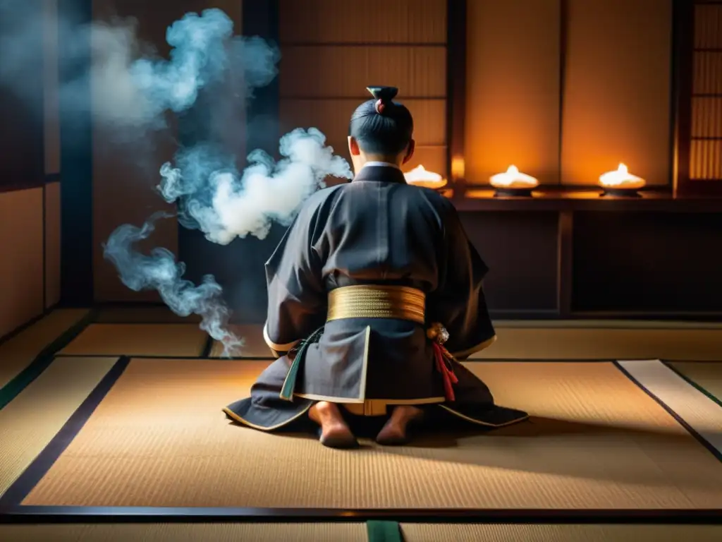 Un ritual tradicional japonés de incienso con un samurái observando en un ambiente sereno
