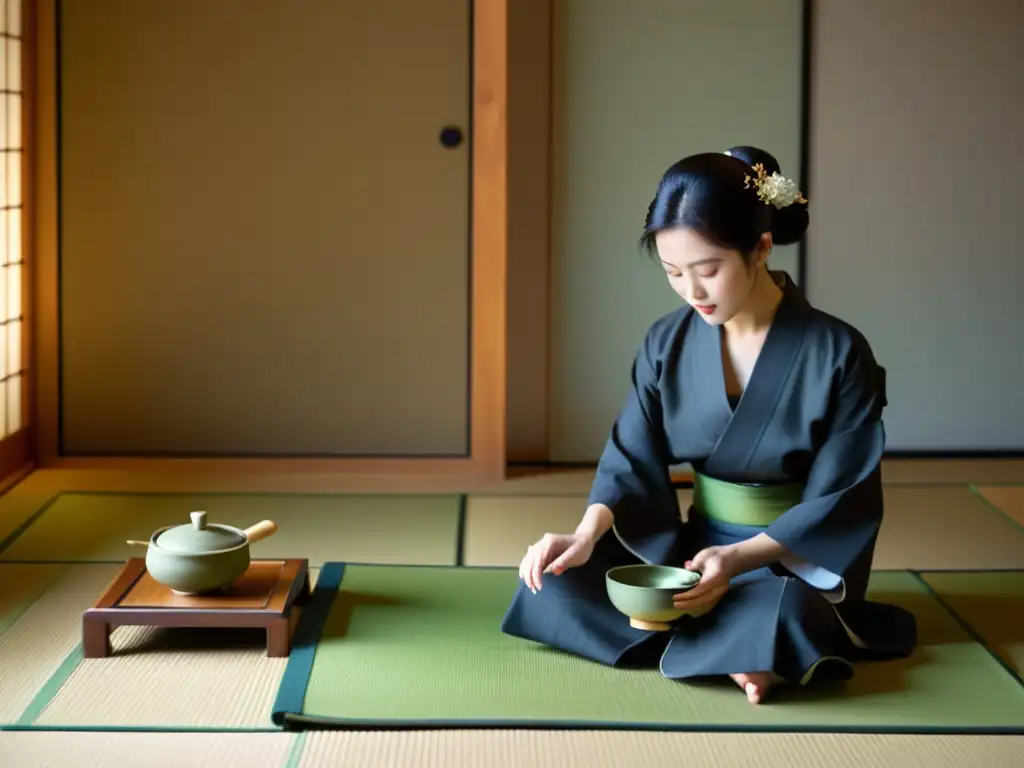 Ritual del té samurái: Ceremonia tranquila con kimonos, utensilios meticulosos y ambiente sereno evocando mindfulness