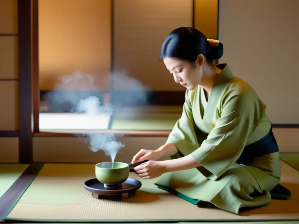 El ritual del té samurái mindfulness cobra vida en una serena ceremonia japonesa, con la maestra del té preparando matcha con gracia y atención