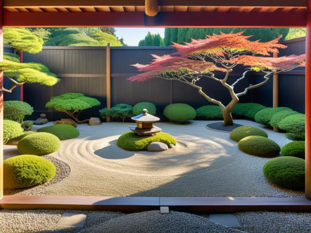 Un jardín zen samurái: grava, rocas, árboles podados y valla de madera