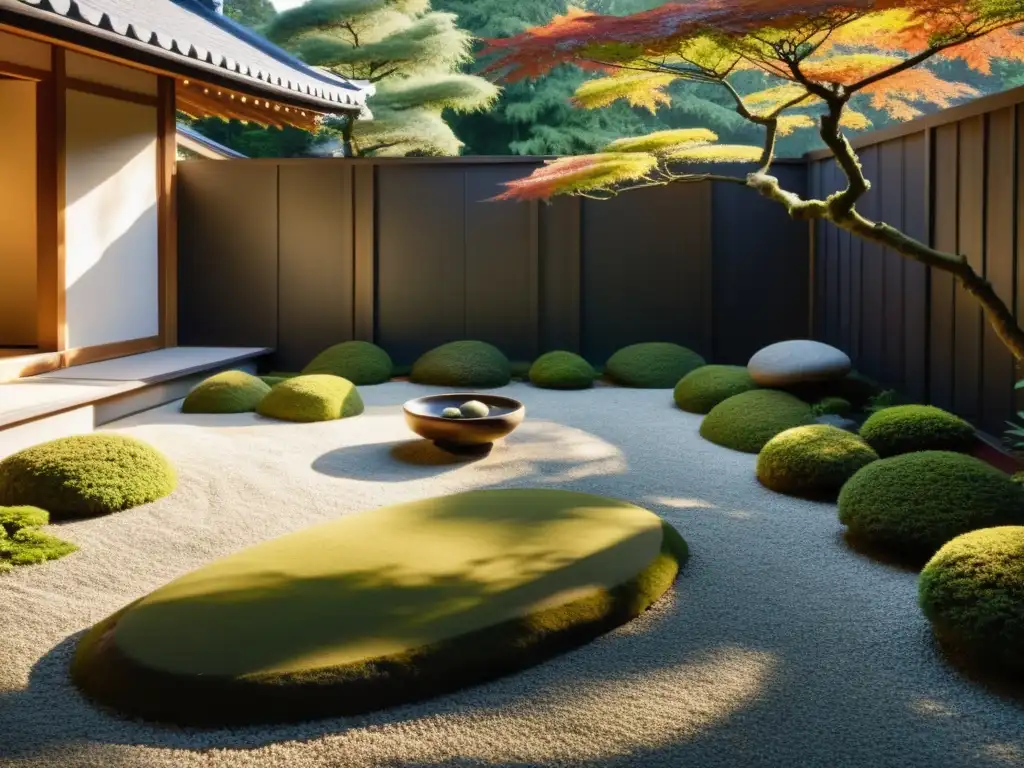 Un jardín de rocas japonés con un ambiente sereno y minimalista, bañado por la luz del sol de la tarde y rodeado de musgo y plantas