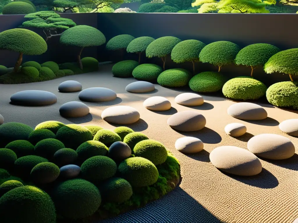 Un jardín de rocas japonés tradicional, con patrones meticulosamente rastrillados y rodeado de exuberante vegetación