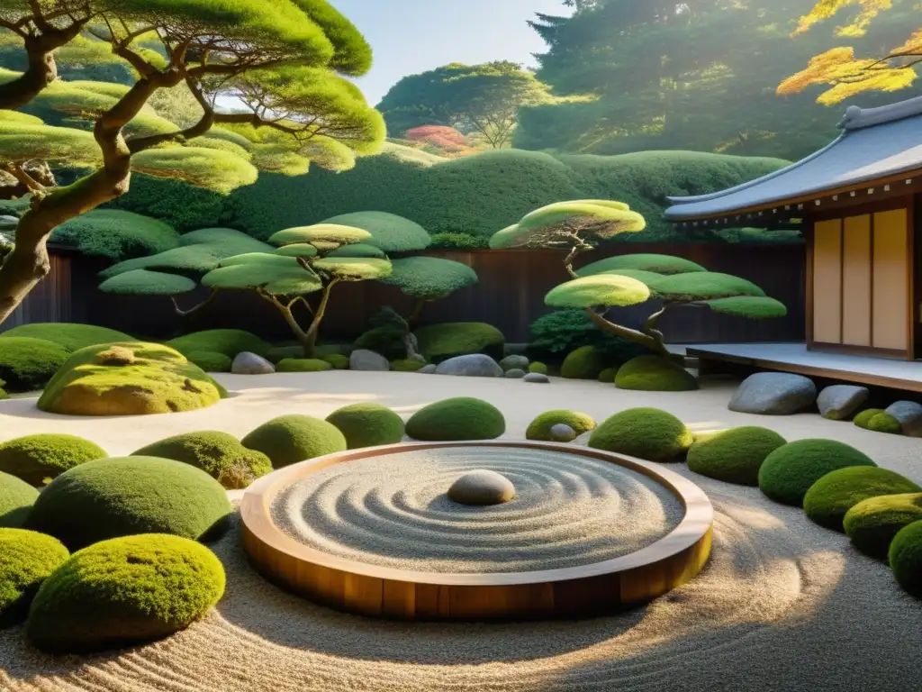 Un jardín de rocas japonés tradicional, con patrones en la grava y sombras entre árboles