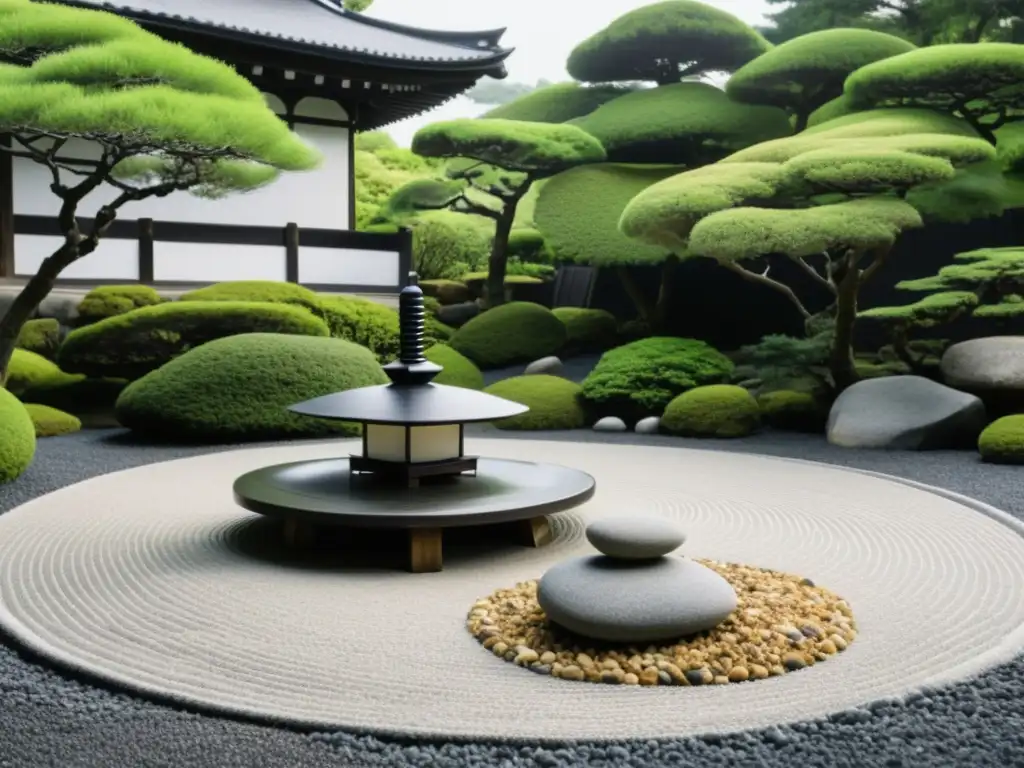 Jardín Zen con rocas y pagoda japonesa