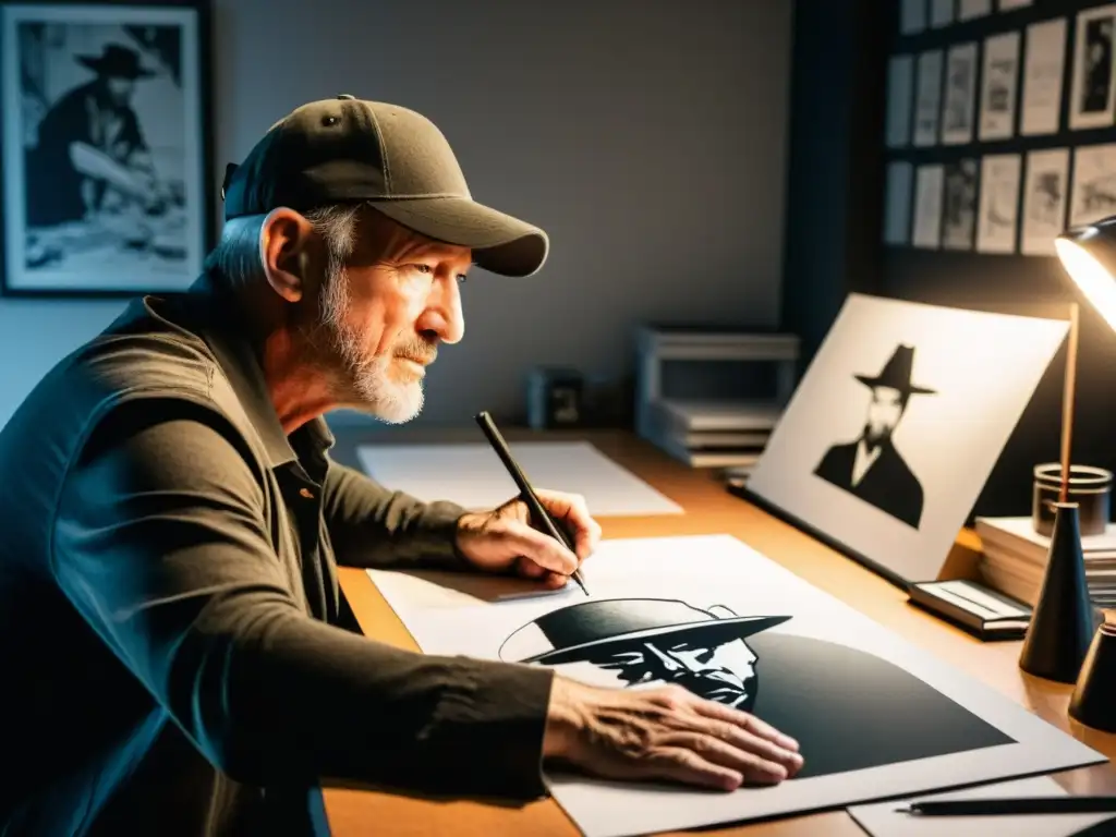 Frank Miller e Ronin en un estudio lleno de bocetos y armaduras samuráis, creando un ambiente de intensidad creativa