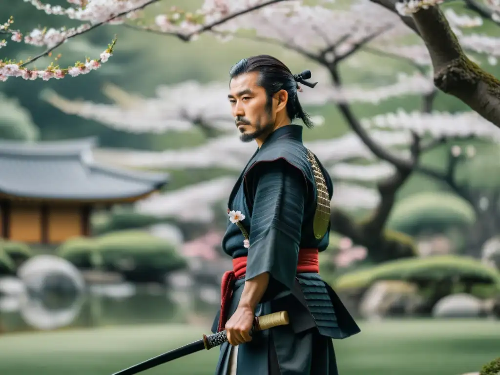 Un ronin en un jardín japonés contempla el horizonte, con su mano en la katana