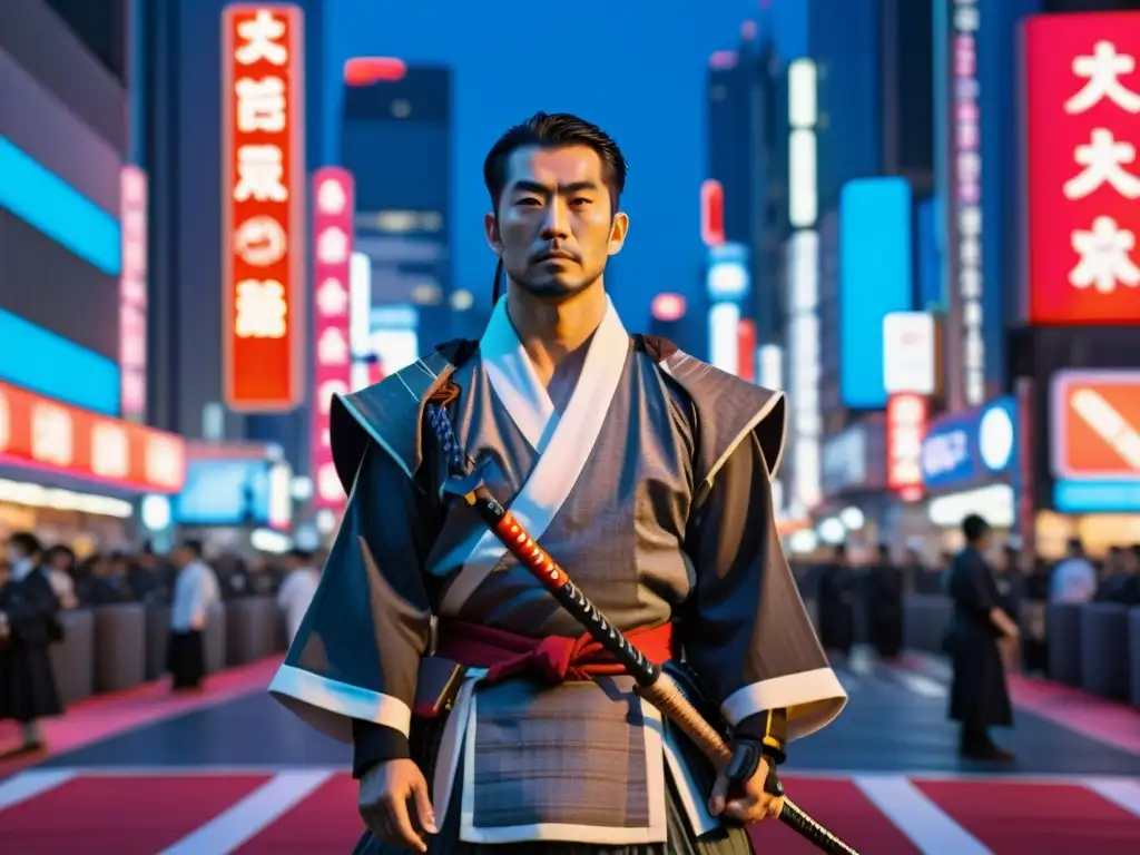 Un ronin moderno destaca en Tokio, fusionando historia y modernidad en una impactante imagen 8k