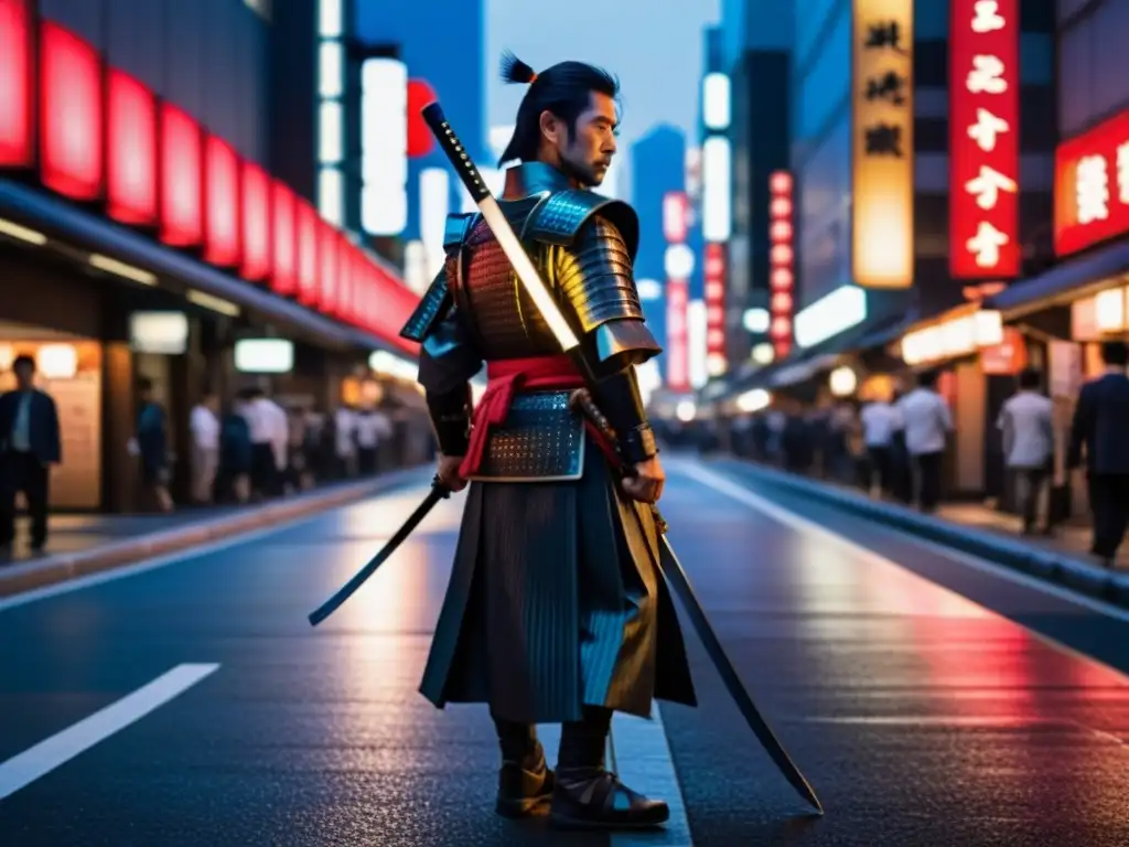 Un ronin samurái en busca de estatus en el Tokio moderno, reflejando la dualidad entre honor antiguo y desafíos contemporáneos