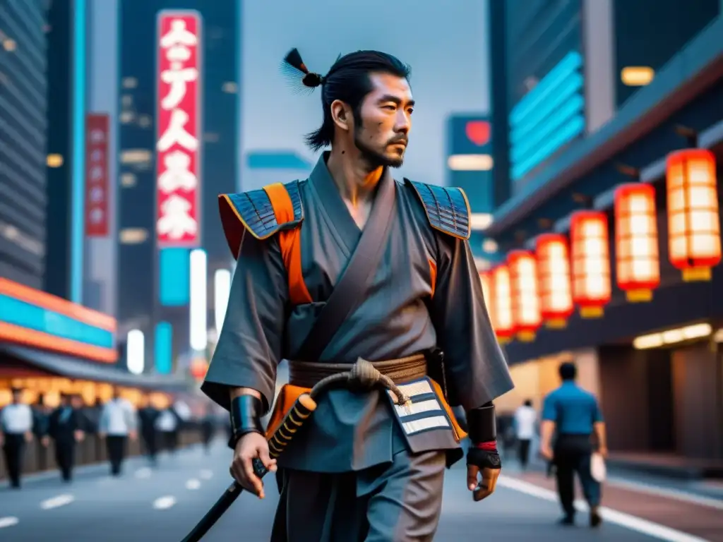 Un ronin samurái en busca de estatus en la ciudad moderna, reflejando la lucha entre tradición y modernidad