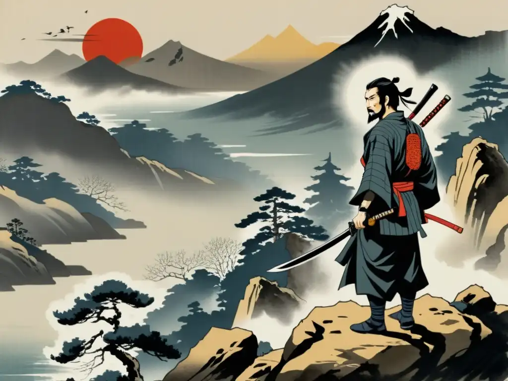 Un ronin samurái contempla la eterna montaña, con determinación y soledad