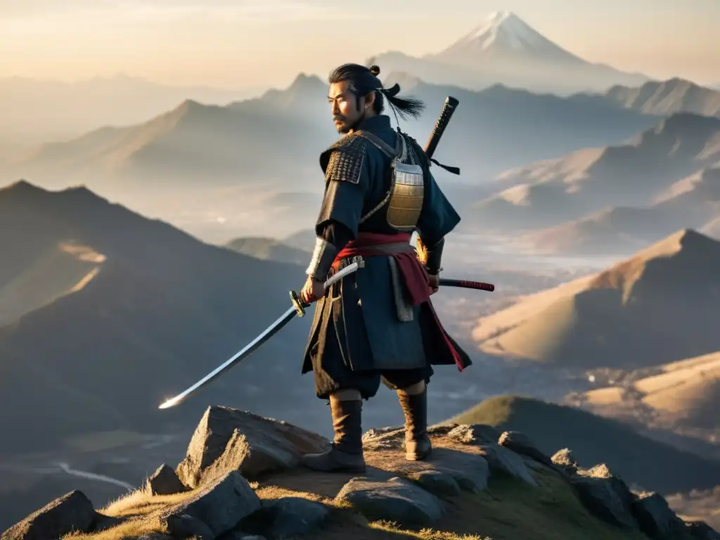 Un ronin samurái solitario contempla el amanecer en la cima de la montaña, mostrando la evolución de los ronin samurái en su mirada determinada y cansada