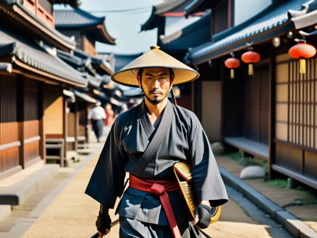 Un ronin samurái solitario camina por las bulliciosas calles de Edo, inmerso en el vibrante paisaje urbano de Japón