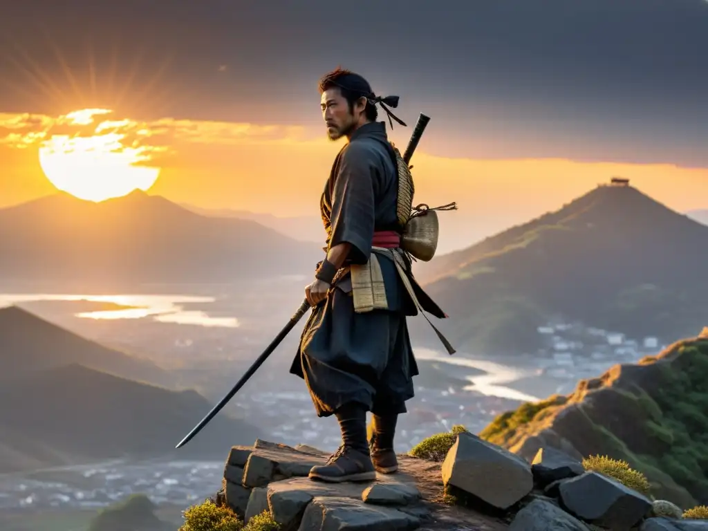 Un ronin solitario en un acantilado ventoso al atardecer, la dualidad del ronin en la cultura samurái