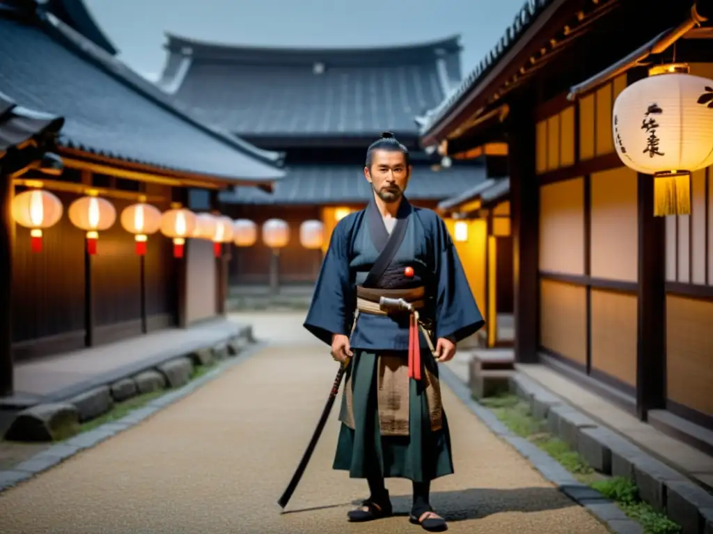 Un ronin solitario en una antigua calle de Edo, iluminado por una linterna, encarna la determinación del ronin en la cultura samurái