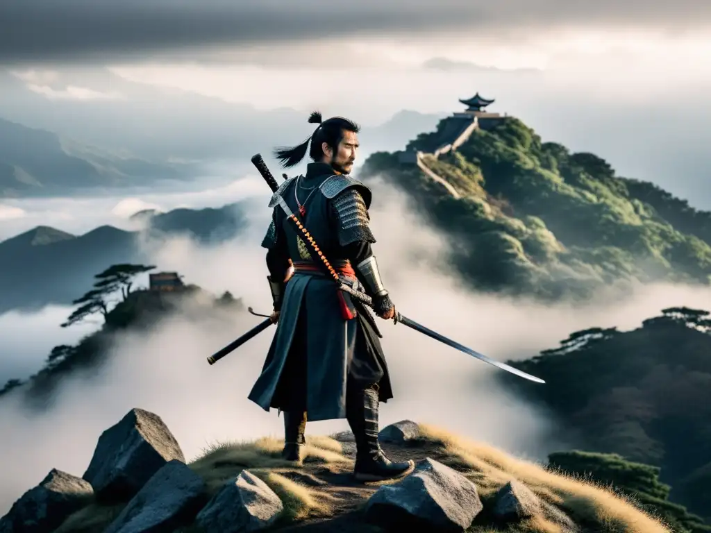 Ronin solitario: la esencia del samurái en la cima neblinosa Un ronin solitario en armadura samurái, con su katana, en la cima de la montaña entre la niebla, evocando los últimos ronin en la era moderna