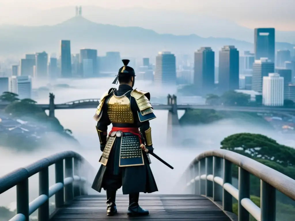 Un ronin solitario en armadura samurái tradicional, contempla la ciudad moderna desde un puente antiguo entre la niebla