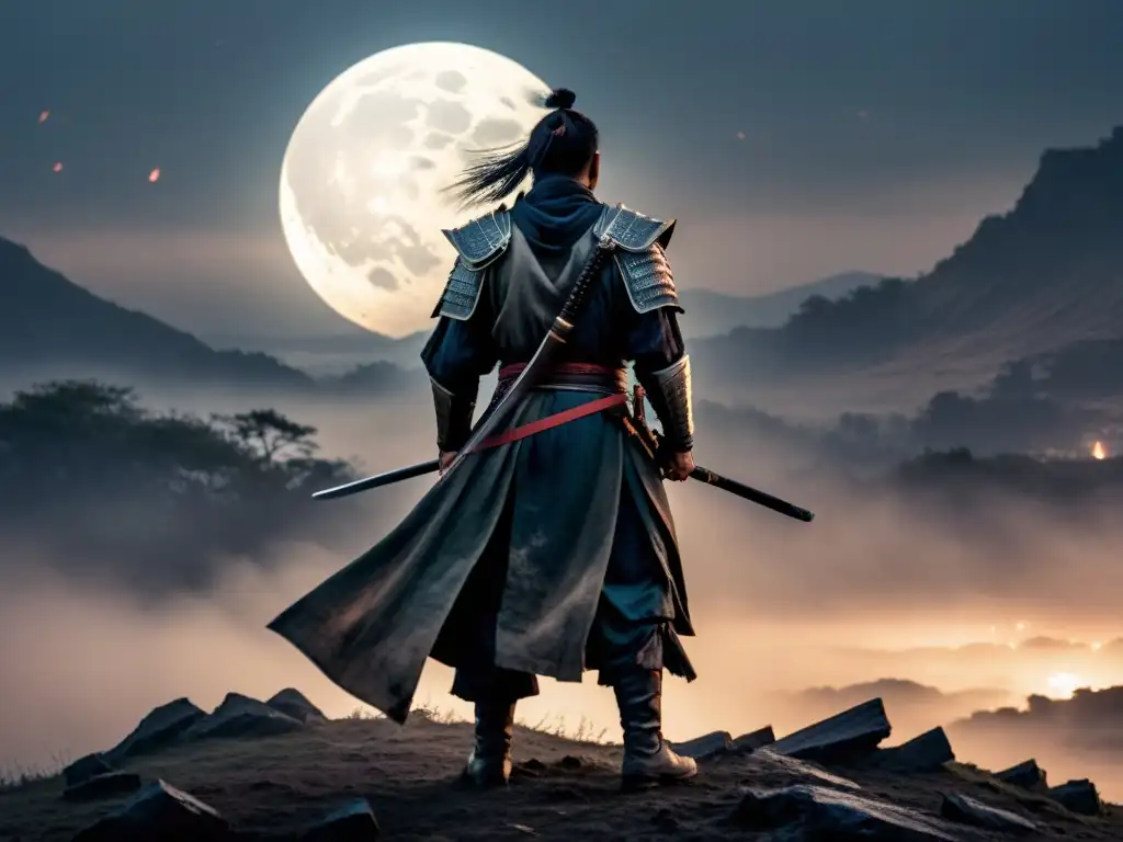 Ronin en la niebla: Determinación y Resiliencia Un ronin solitario en un campo de batalla brumoso y luna brillante, su capa ondeando, mirada estoica