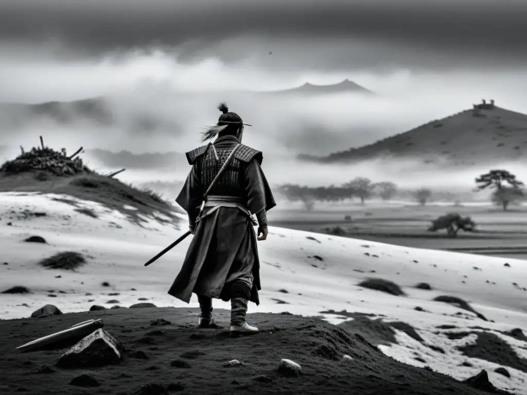 Un ronin solitario en un campo de batalla neblinoso, con su túnica ondeando al viento, reflejando la verdadera esencia del samurái