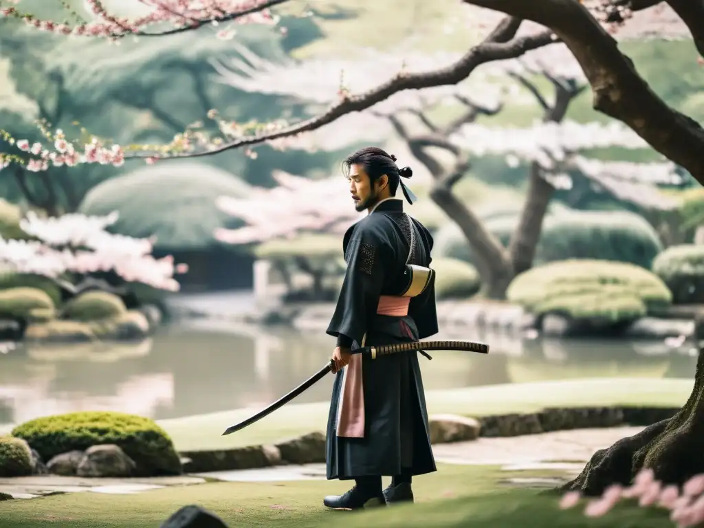 Un ronin solitario, bajo cerezo en jardín japonés