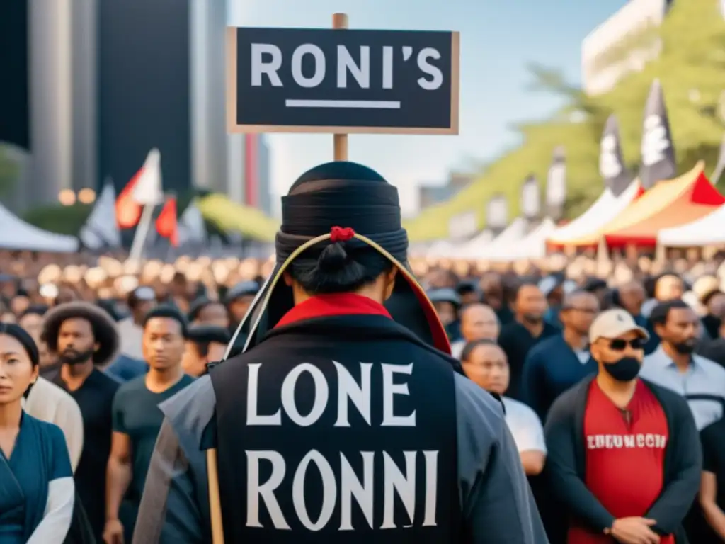 Un ronin solitario en un impactante protesta, símbolo del legado filosófico ronin en la sociedad contemporánea