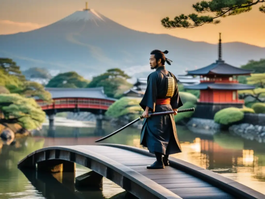 Un ronin solitario reflexiona junto al río, con un castillo japonés al fondo