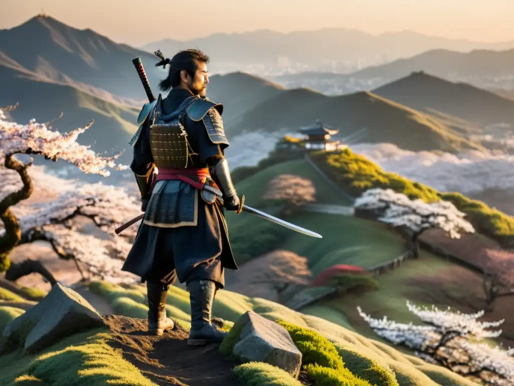 Un ronin solitario contempla el paisaje japonés al amanecer, transmitiendo la esencia de la figura del ronin en novelas